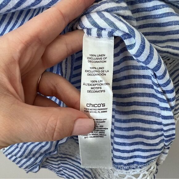 Chico’s linen blue & white striped crochet trim blouse - Picture 5 of 6